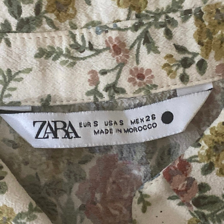 Zara Beige Floral Short Sleeve Belted Collared Shirt A Line Maxi Dress Size S