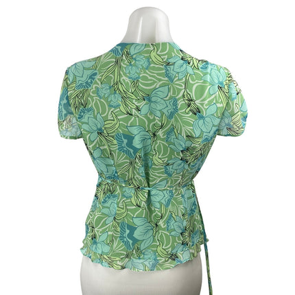 Ann Taylor LOFT Womens Green Floral Ruffle V Neck Short Sleeve Wrap Blouse Top 2
