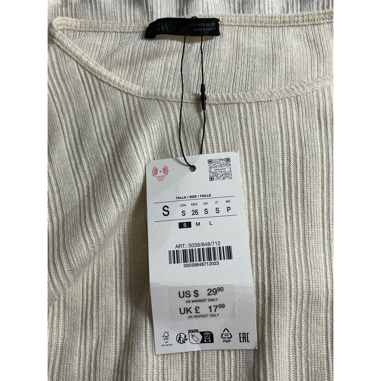NEW Zara Cream Pointelle Ribbed Crew Neck Long Sleeve Sweater T-Shirt Top Size S