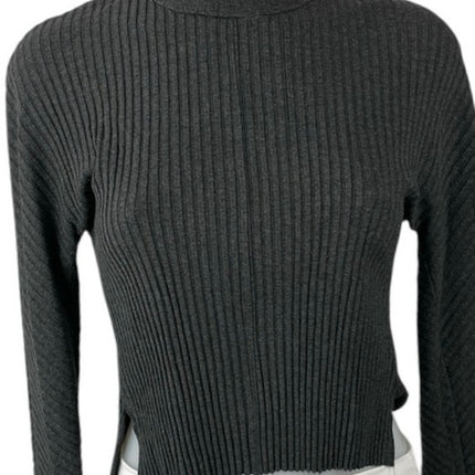 Cale Gray Ribbed Mock Neck Long Sleeve Side Slit Crop Sweatshirt Sweater Top S