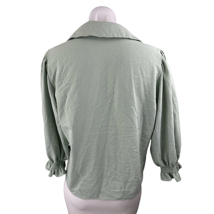 Zara Women's Green Beaded Pearl Balloon Half Sleeve Button Up Shirt Top Size M