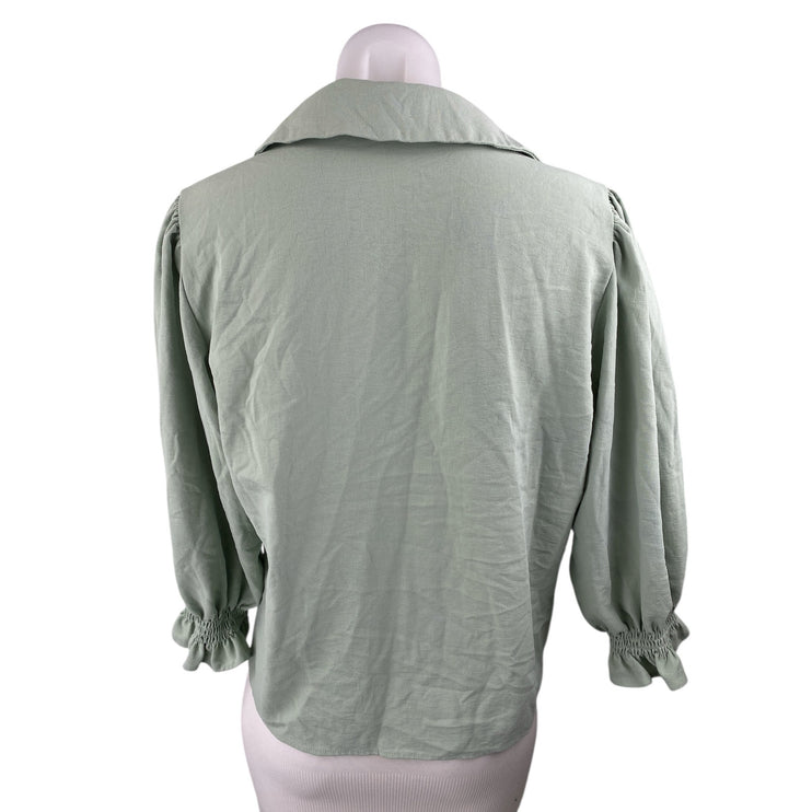 Zara Women's Green Beaded Pearl Balloon Half Sleeve Button Up Shirt Top Size M