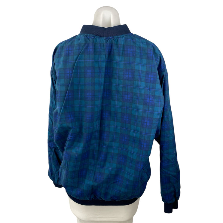 Turfer Women's Blue Plaid Check Long Sleeve Windbreaker Bomber Coat Jacket Sz M