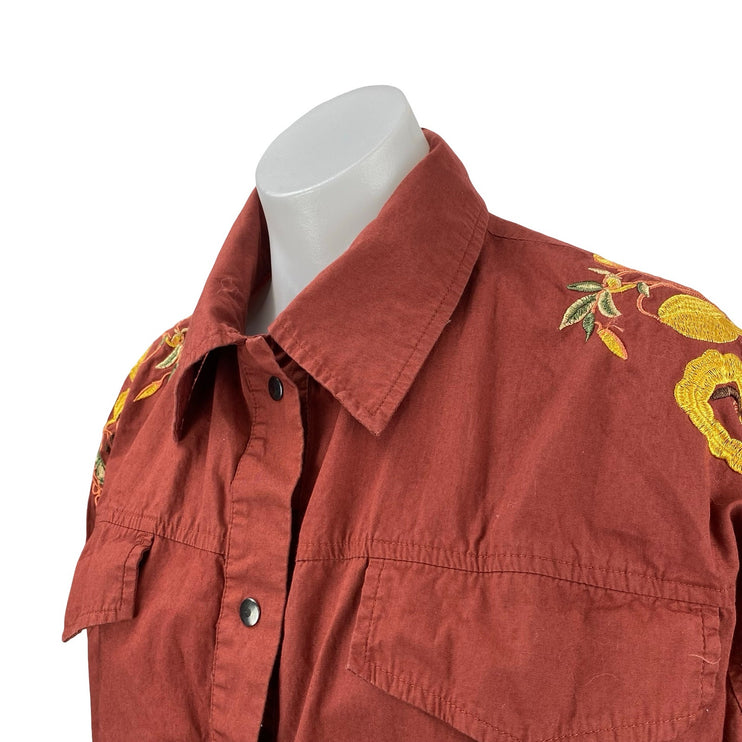 Tokyo Talkies Women's Brown Embroidered Floral Long Sleeve Button Up Shirt Top M