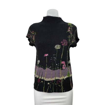 J.T.B. Black Floral Beaded Embellished Short Sleeve Mock Neck Blouse Top Size M