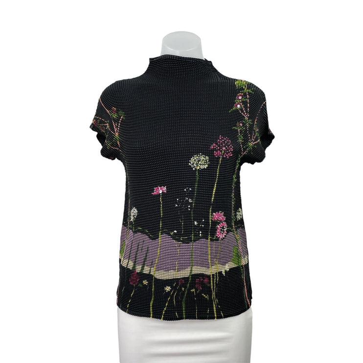 J.T.B. Black Floral Beaded Embellished Short Sleeve Mock Neck Blouse Top Size M