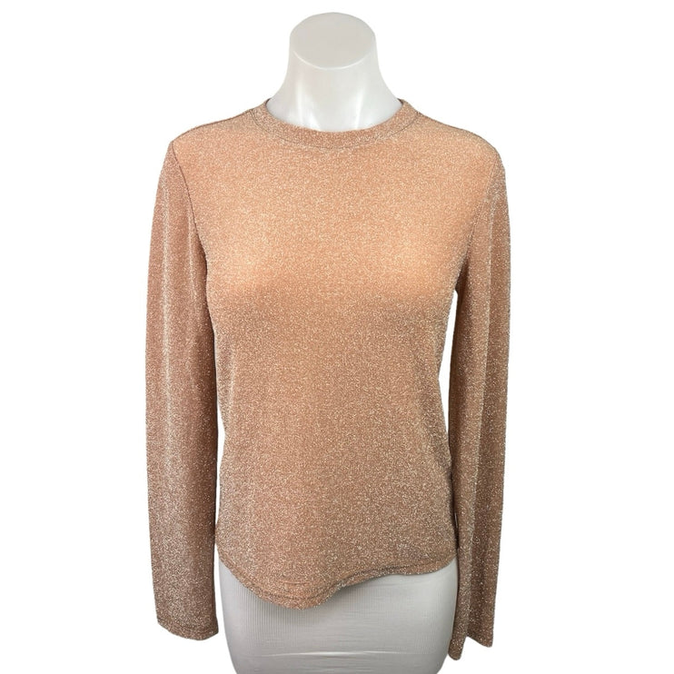 all:row NWT Tan Nude Glitter Shimmer Shiny Crew Neck Long Sleeve Top Size M