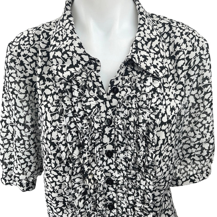 Vintage Linea by Louis Dell'Olio Black White Floral Button Up Blouse Top Size L