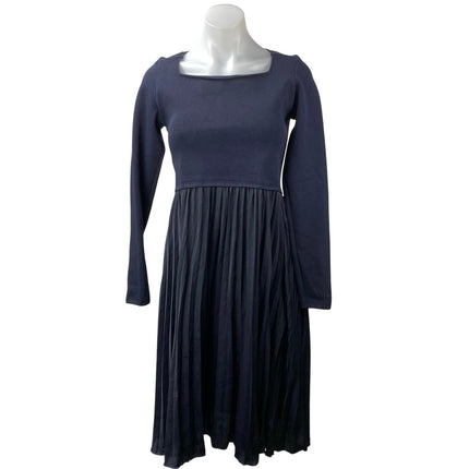 Witchery Women's Blue Black Pleated Square Neck Long Sleeve Midi A-Line Dress S