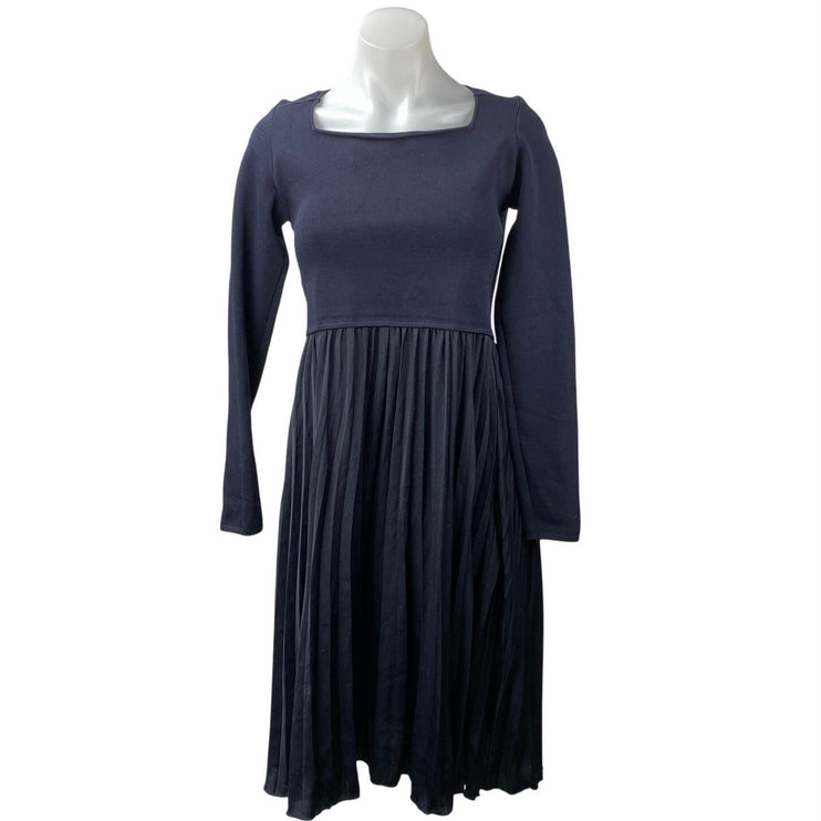 Witchery Women's Blue Black Pleated Square Neck Long Sleeve Midi A-Line Dress S