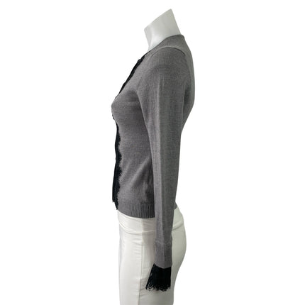 Nanette Lepore Gray Black Lace Trim Long Sleeve Button Down Cardigan Sweater XS