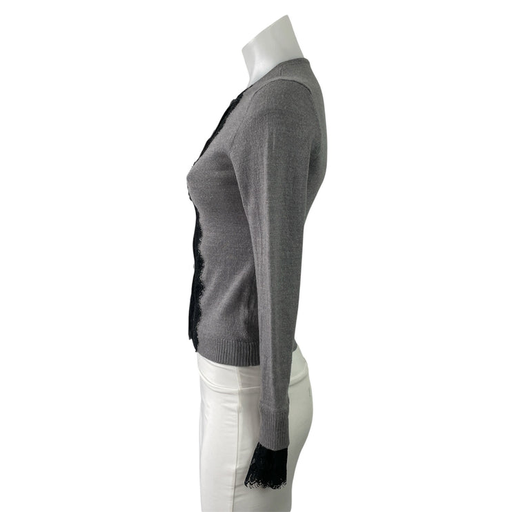 Nanette Lepore Gray Black Lace Trim Long Sleeve Button Down Cardigan Sweater XS