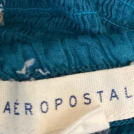 Aeropostale Blue Floral Short Puff Sleeve Frayed Front Tie Slim Crop Top Size XS