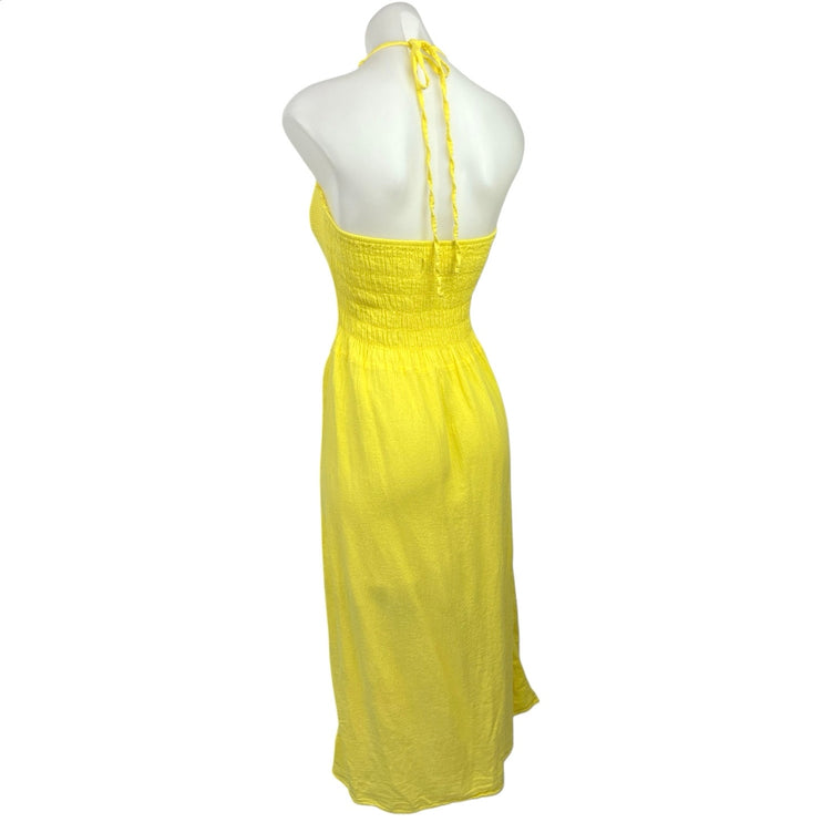 Seaspice Yellow Halter Crochet Knit Sleeveless Smocked Beach Midi Dress Size M