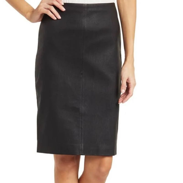 Theory NWT $495 Black Leather Ribbed Merino Wool Pencil Straight Midi Skirt XSP