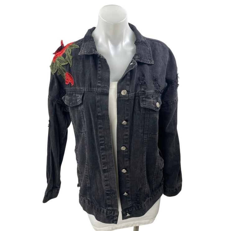 Vera & Lucy Black Floral Embroidered Button Down Distressed Denim Jeans Jacket M