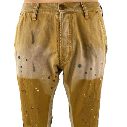 MNML Men's Brown Paint Splatter Bootcut Flared Chino Khaki Trousers Pants Sz 30