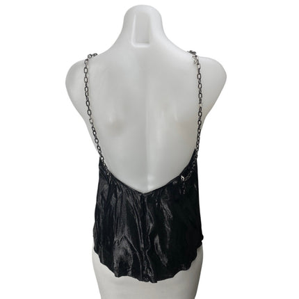 Women's Black Metallic Halter Chain Open Back Sleeveless Shimmer Blouse Top S