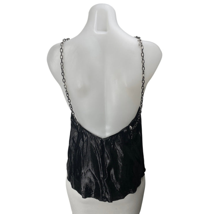 Women's Black Metallic Halter Chain Open Back Sleeveless Shimmer Blouse Top S