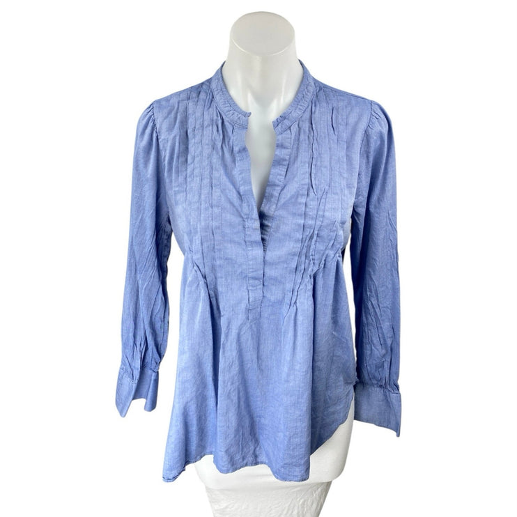 Ann Taylor LOFT Blue Long Sleeve Chambray Pintuck V Neck Shirt Blouse Top Size S