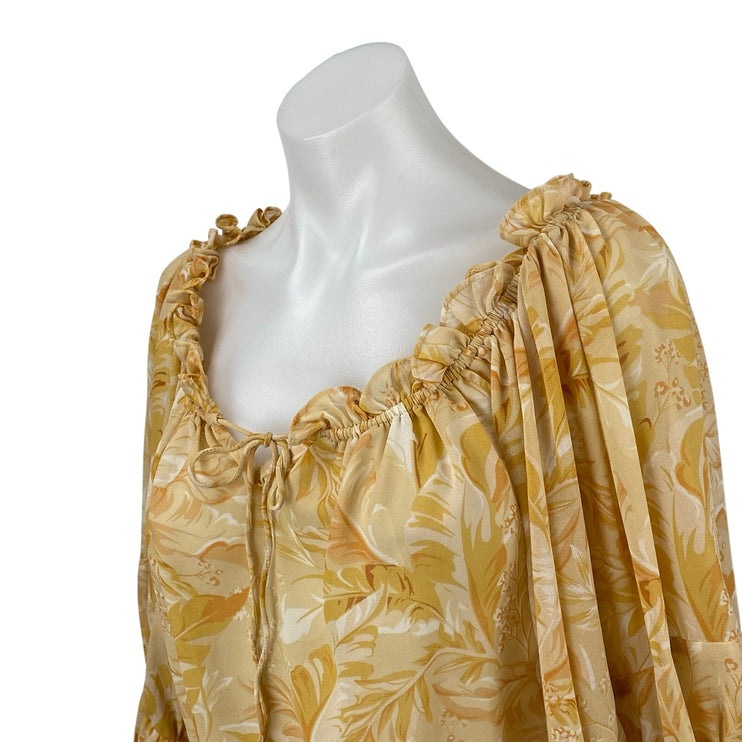 Dress Forum Women's Yellow Leaf Long Sleeve Tie Peplum Ruffle Blouse Top Size S
