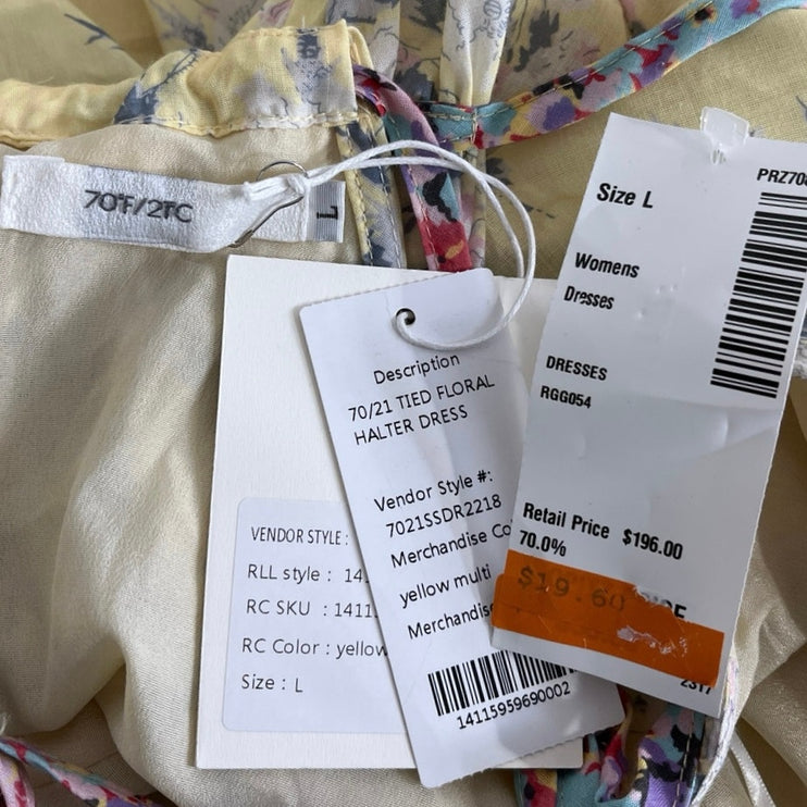 NEW 70°F/21°C Yellow Floral Sleeveless Tie Waist Halter Mini Blouson Dress Sz L
