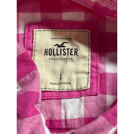 Hollister Women's Pink Gingham Checkered Long Sleeve Button Down Shirt Top Sz L