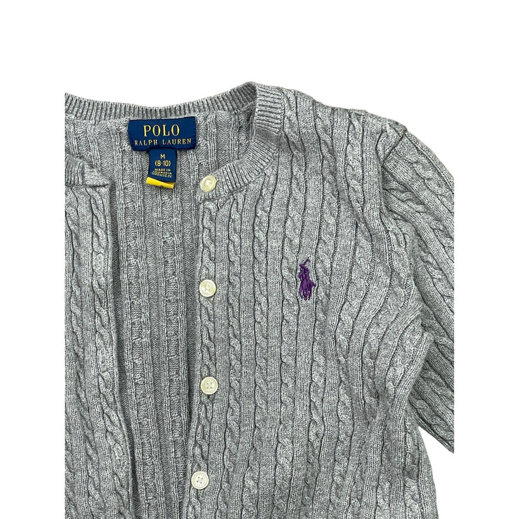 Polo Ralph Lauren Kids Girl Gray Cable Knit Crew Neck Button Up Cardigan 8-10 YO