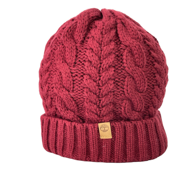 Timberland Women's Red Cable Knit Foldover Fleece Bonnet Beanie Hat Cap Size OS