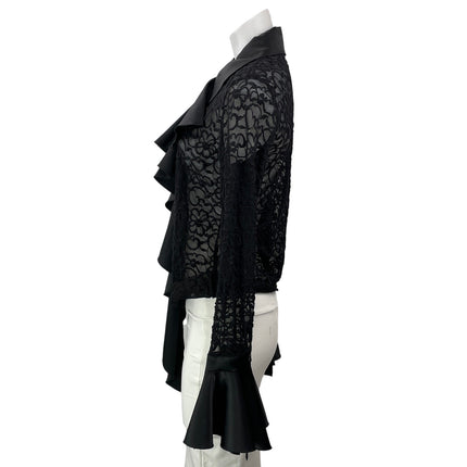 Sava Black Long Bell Sleeve Mesh Sheer Ruffle Floral Button Up Blouse Top Size M
