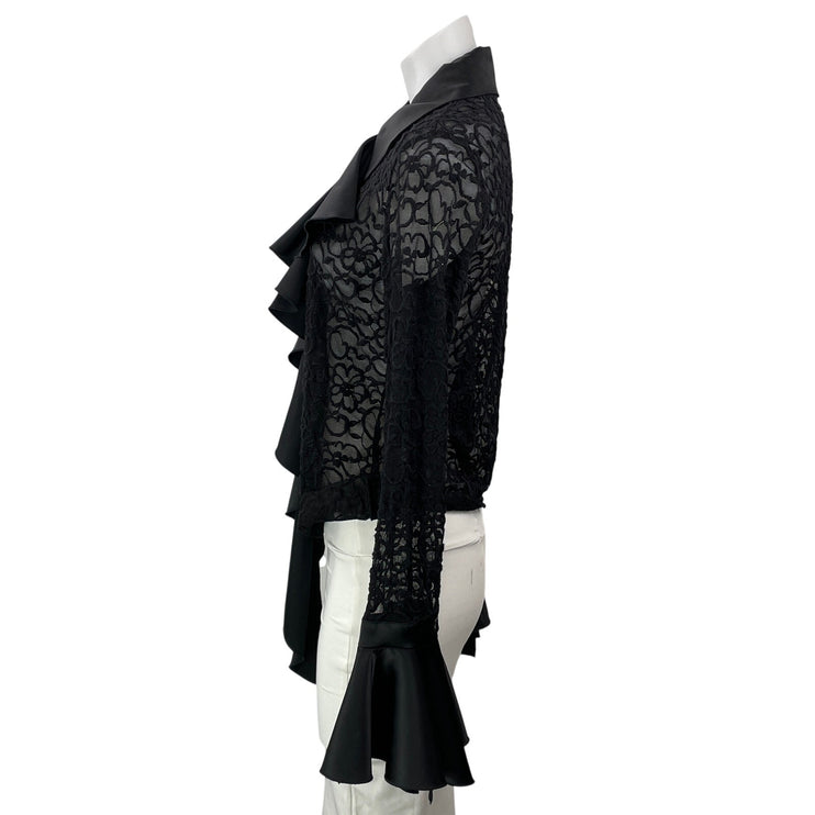 Sava Black Long Bell Sleeve Mesh Sheer Ruffle Floral Button Up Blouse Top Size M