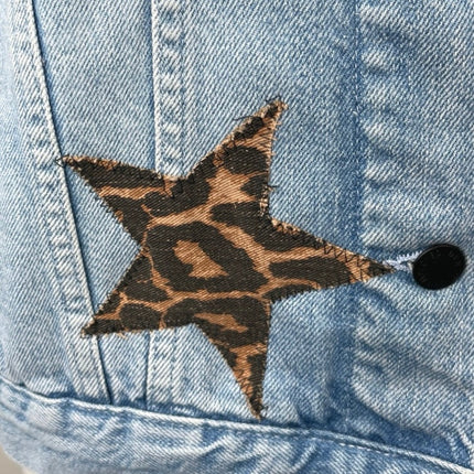 NEW Unemployed Denim Blue Star Leopard Patches Button Collar Jean Coat Jacket M