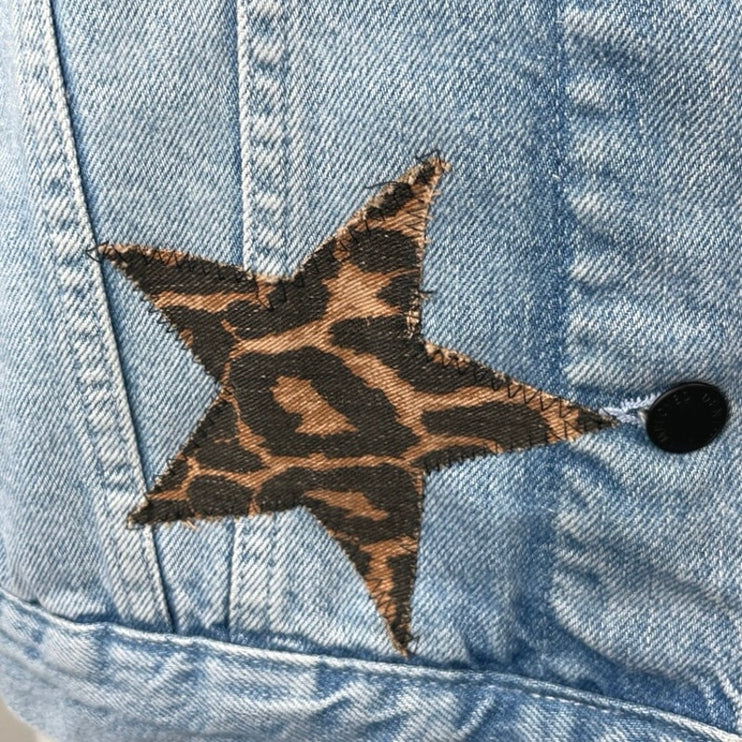 NEW Unemployed Denim Blue Star Leopard Patches Button Collar Jean Coat Jacket M