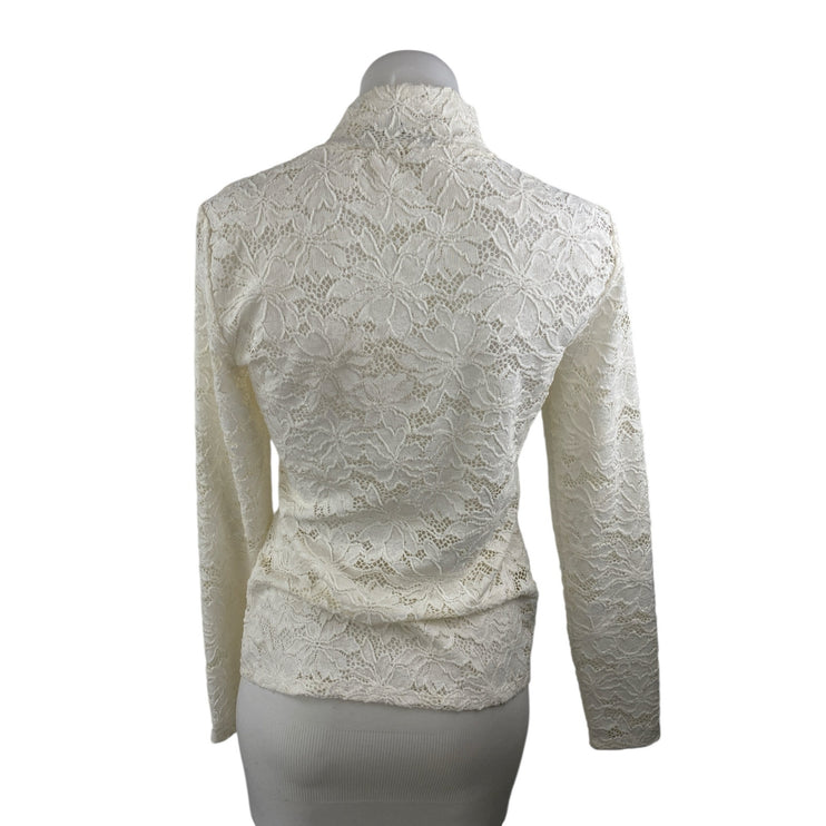 Hill House Women's White Floral Lace Mock Neck Long Sleeve Blouse Top Size S