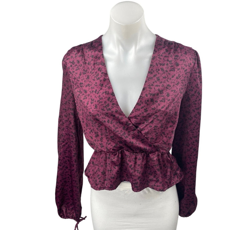 Urban Outfitters Women Purple Silk Satin Floral Long Sleeve Peplum Blouse Top XS