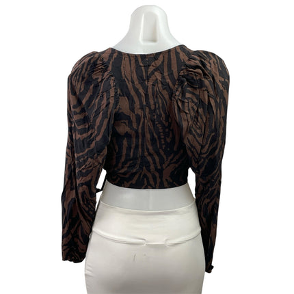 H&M Brown Black Zebra Long Sleeve V Neck Wrap Tie Cropped Blouse Top Size S