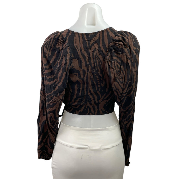 H&M Brown Black Zebra Long Sleeve V Neck Wrap Tie Cropped Blouse Top Size S