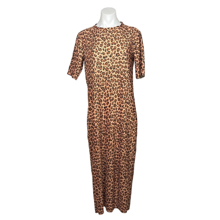 Zara Brown Tan Leopard Animal Print Plisse Short Sleeve Maxi T-Shirt Dress Sz S