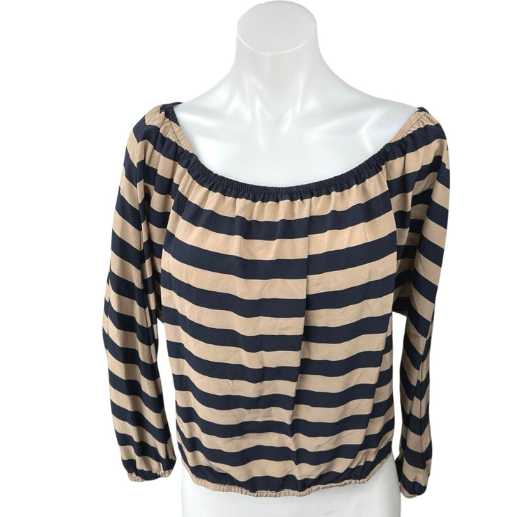 BCBGMAXAZRIA Black Tan Striped 100% Silk Boat Neck Long Sleeve Blouse Top Sz XS