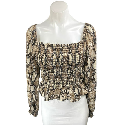 Sage The Label Beige Black Snakeskin Long Sleeve Smocked Blouse Crop Top Size M