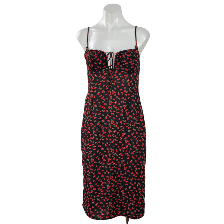 Princess Polly Black Red Floral Sleeveless Tie Slit Cami Midi Slip Dress Size 6