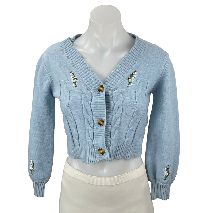 Zaful Women's Blue Cable Knit Embroidered Floral Cropped Cardigan Sweater Top OS