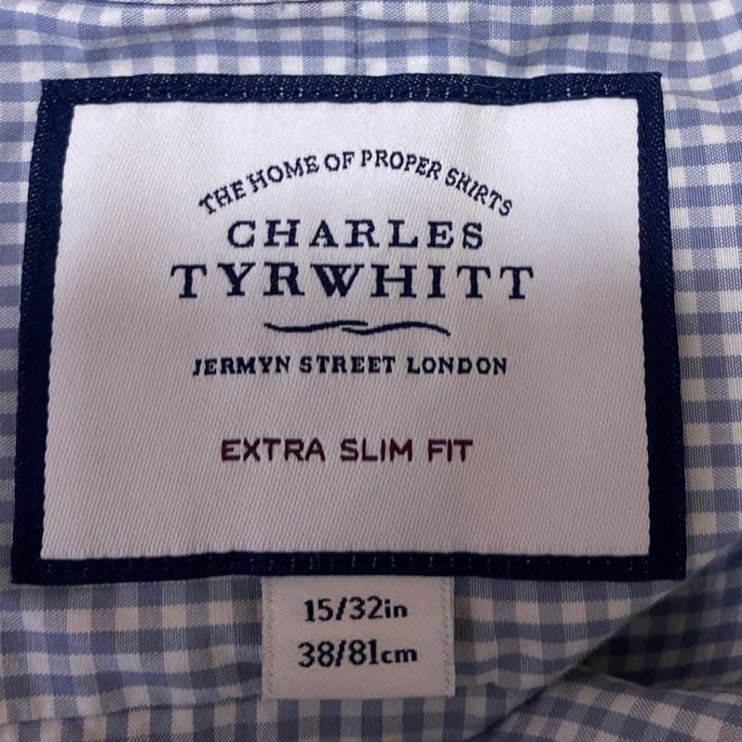 Charles Tyrwhitt Blue Extra Slim Checkered Long Sleeve Button Up Shirt Top 15/L