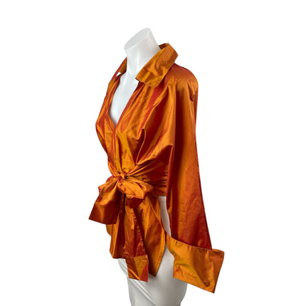 Zuzka Women's Rust Coral Silk Satin Long Sleeve Tie Waist Shirt Blouse Top OS