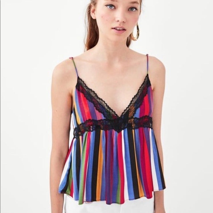 Zara TRF Multicolor Stripe Lace Trim V-neck Spaghetti Strap Crop Cami Tank Top S