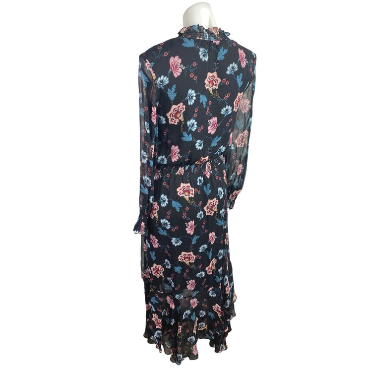 Intermix Vera 100% Silk Black Floral Long Sleeve V-Neck Midi High Low Dress Sz 0
