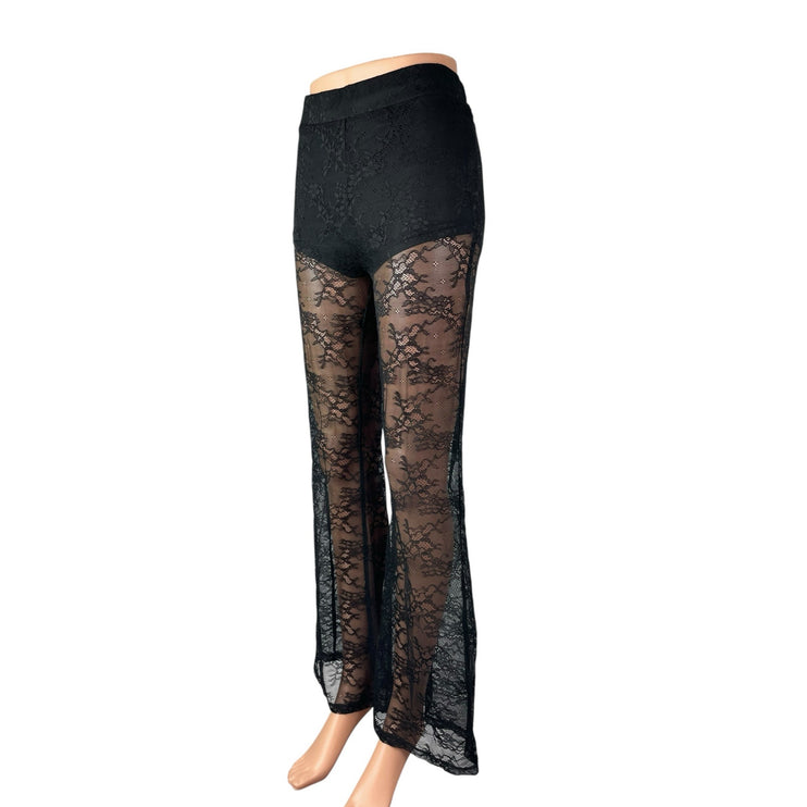 12Th Tribe Women's Black Mesh Sheer Floral Lace Flared Trousers Pants Size XS