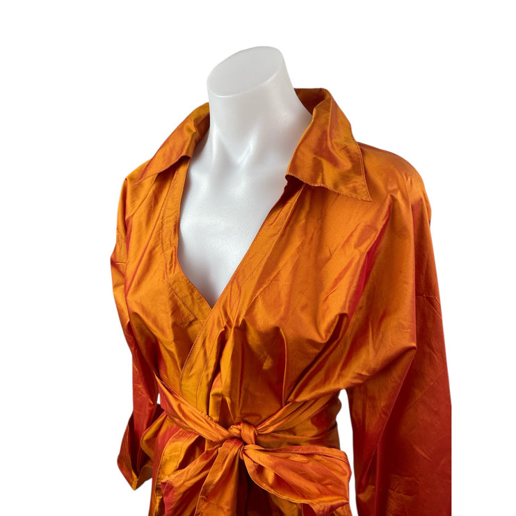 Zuzka Women's Rust Coral Silk Satin Long Sleeve Tie Waist Shirt Blouse Top OS