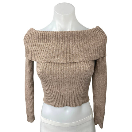 Emory Park Tan Metallic Off Shoulder Ribbed Knit Long Sleeve Crop Sweater Top S