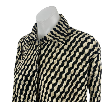 H&M Black Beige Zig Zag Stripe Plisse Long Sleeve Button Down Shirt Top Size M
